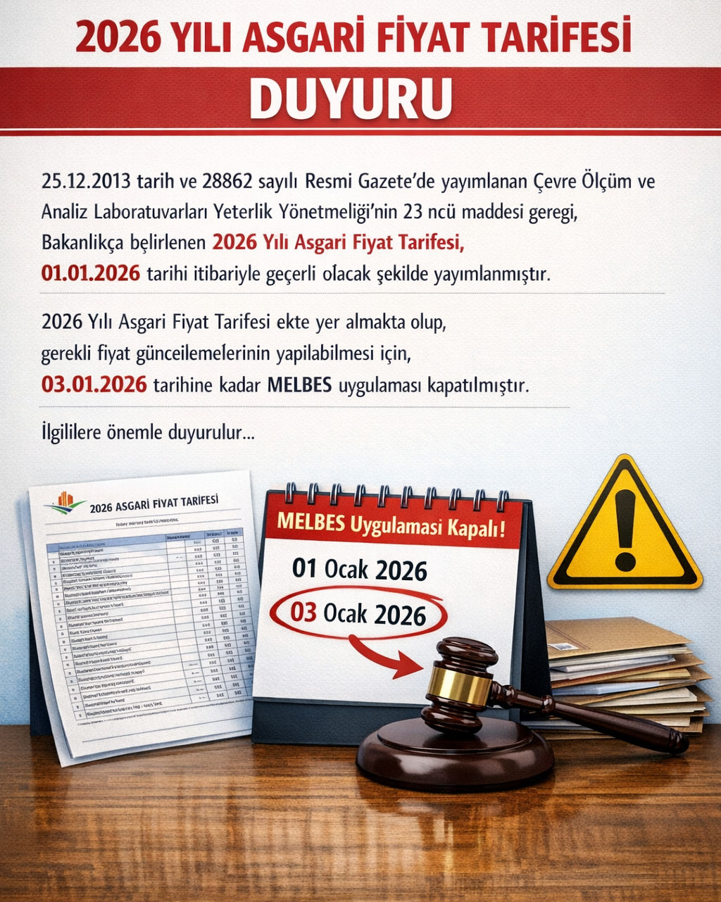 Çevre Bakanlığı  2026 Yılı Asgari Fiyat Tarifesi Yayımlandı